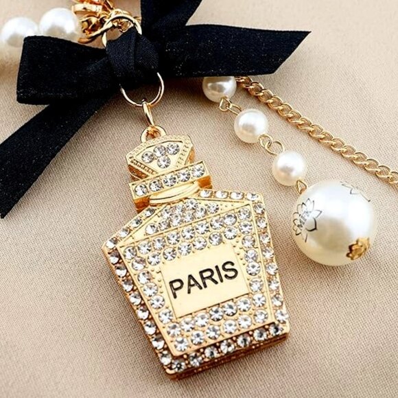Paris Perfume Bottle Pearl Crystal Keychain Bag Charm - Picture 3 of 5
